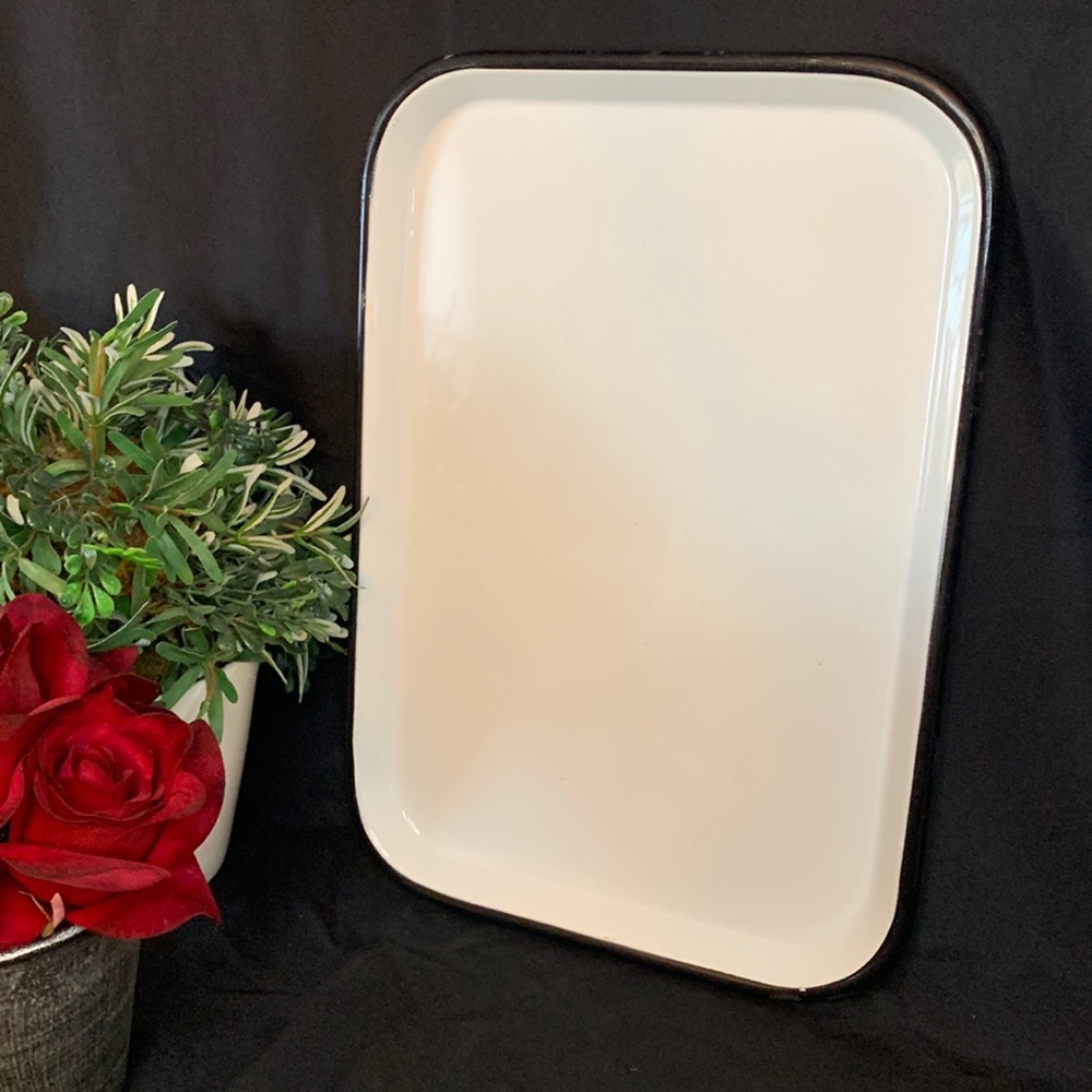 Vintage white enamel with black trim dental tray